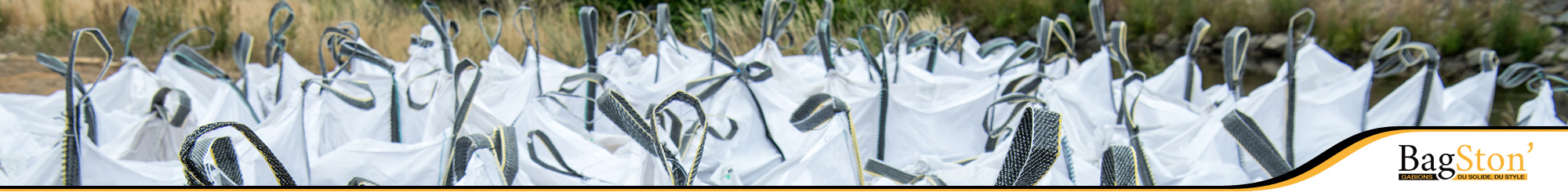 Banner Bagston apresentando diversas soluções de embalagem, incluindo Big-Bags para transporte eficiente de inertes decorativos e agregados.