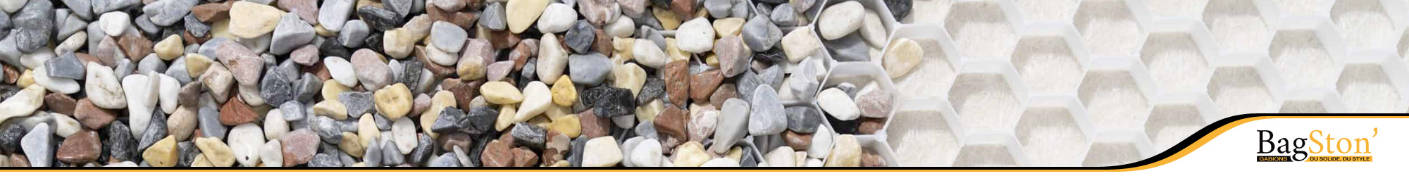 Banner promocional Bagston destacando as nossas placas alveolares preenchidas com pedra decorativa, a solução ideal para criar superfícies estáveis e duradouras em jardins e caminhos.