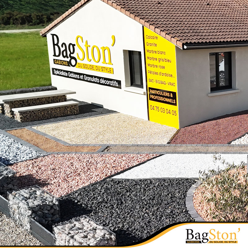 xposição exterior do showroom da Bagston, especialista em gabiões e agregados/pedras decorativas, apresentando soluções para paisagismo.